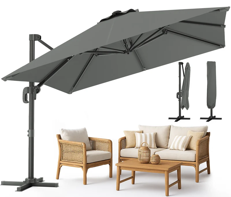 Parasol deporte inclinable Premium carre avec housse protection 3x3m Gris