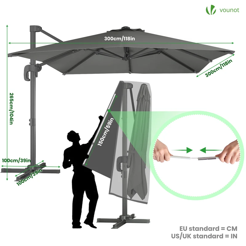 Parasol deporte inclinable Premium carre avec housse protection 3x3m Gris