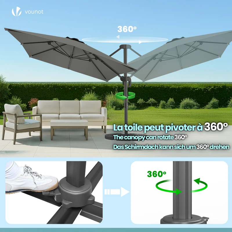 Parasol deporte inclinable Premium carre avec housse protection 3x3m Gris
