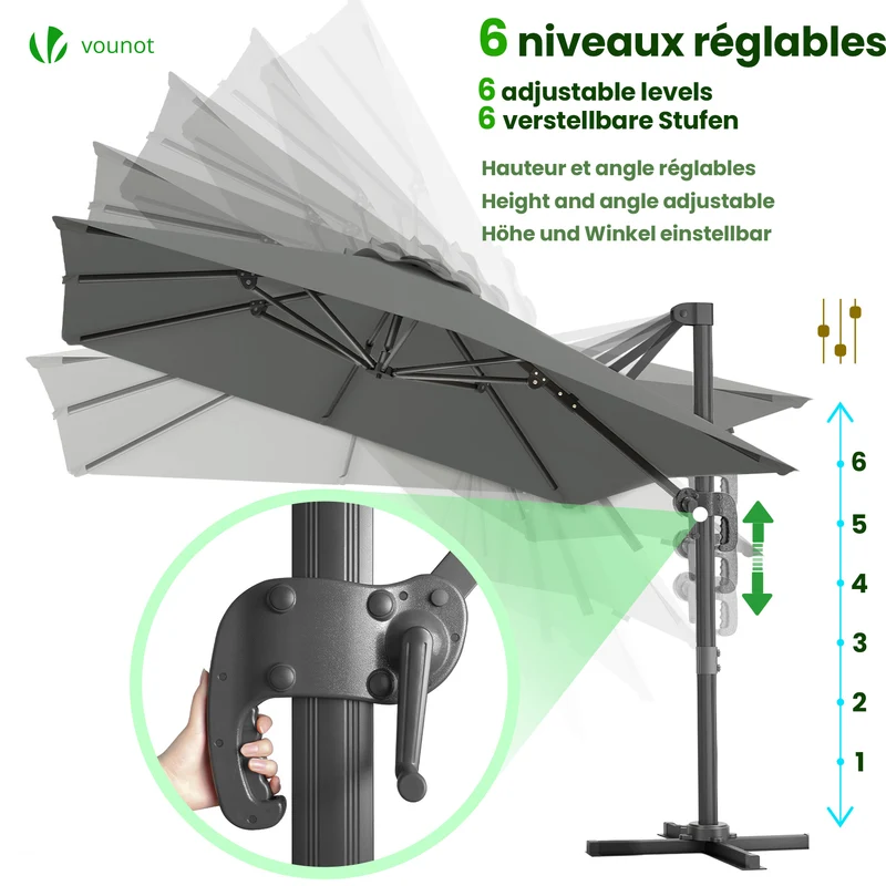 Parasol deporte inclinable Premium carre avec housse protection 3x3m Gris
