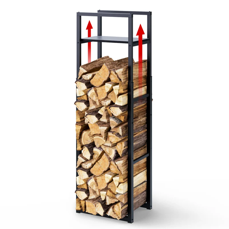 Range bûche vertical télescopique pour cheminée avec étagère de MDF 45x32x170cm acier noir