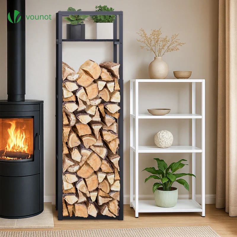 Range bûche vertical télescopique pour cheminée avec étagère de MDF 45x32x170cm acier noir
