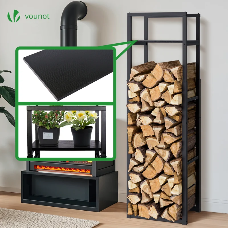 Range bûche vertical télescopique pour cheminée avec étagère de MDF 45x32x170cm acier noir