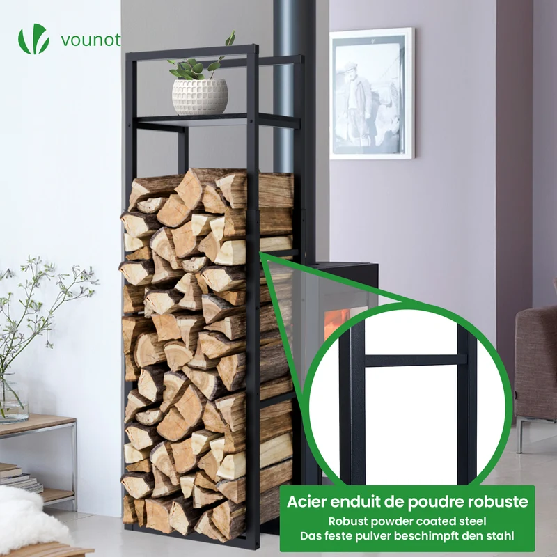 Range bûche vertical télescopique pour cheminée avec étagère de MDF 45x32x170cm acier noir