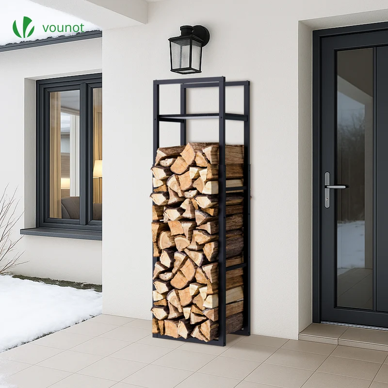 Range bûche vertical télescopique pour cheminée avec étagère de MDF 45x32x170cm acier noir