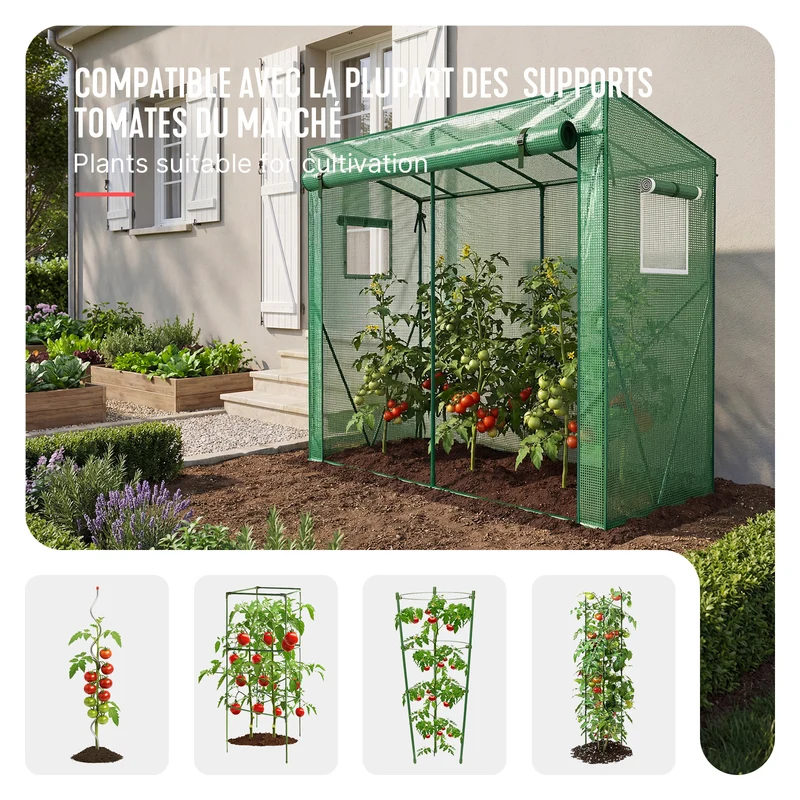 Serre de jardin Serre tomates avec porte et fenetres moustiquaire bache PE renforcee 135g/m2 200x77x170cm Vert