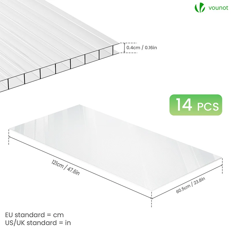 14 x Plaques de polycarbonate alveolaires transparent creux 4mm 121x60.5cm