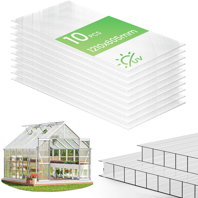 10 x Plaques de polycarbonate alveolaires transparent creux 6mm 121x60.5cm