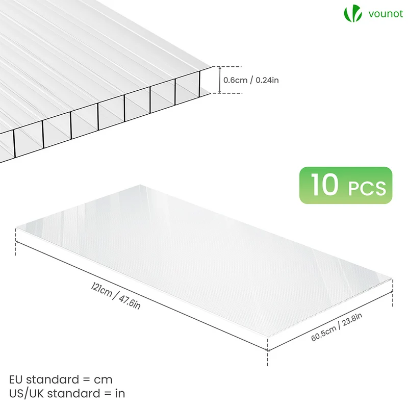 10 x Plaques de polycarbonate alveolaires transparent creux 6mm 121x60.5cm