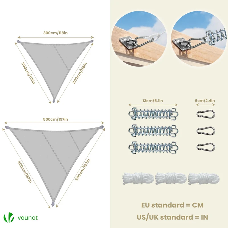 Voile d'ombrage Triangle en Polyester Imperméable avec Kit de Montage 5x5x5m Gris Clair