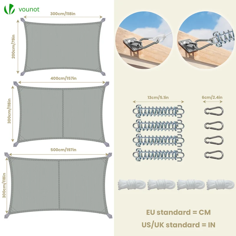 Voile d'ombrage Rectangulaire en Polyester Imperméable avec Kit de Montage 3x4m Gris