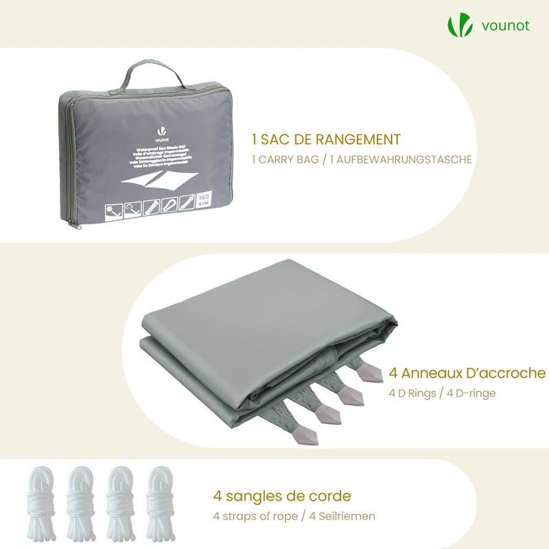 Voile d'ombrage Rectangulaire en Polyester Imperméable avec Kit de Montage 3x4m Gris