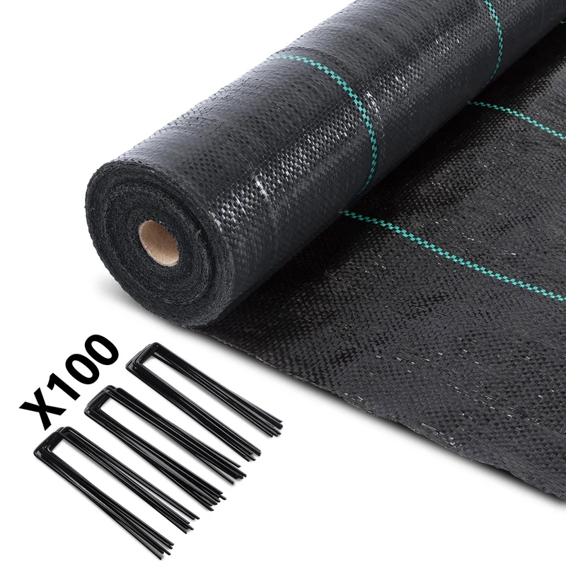 Toile de paillage contre les mauvaises herbes 50Mx2M avec 100 piquets Anti-UV 100g/m2