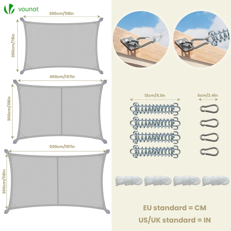 Voile d'ombrage Rectangulaire en Polyester Imperméable avec Kit de Montage 3x2m Gris Clair