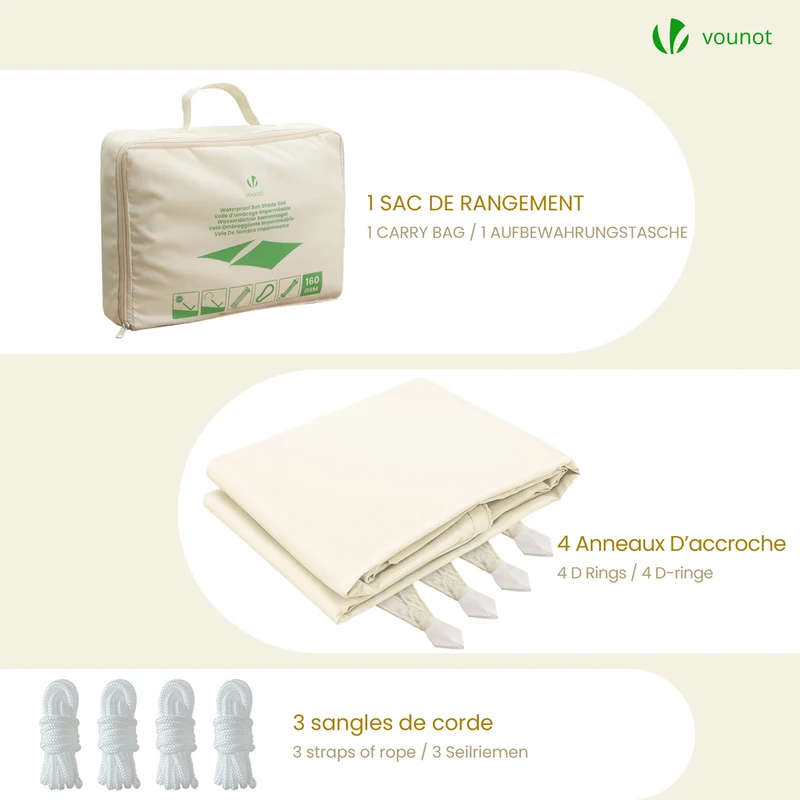Voile d'ombrage Rectangulaire en Polyester Imperméable avec Kit de Montage 3x4m Beige