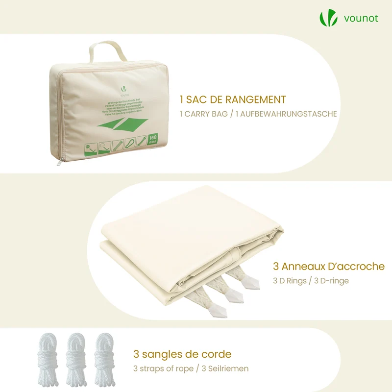 Voile d'ombrage Triangle en Polyester Imperméable avec Kit de Montage 5x5x5m Beige