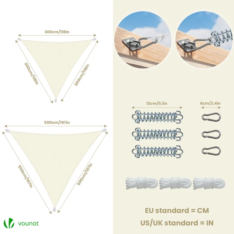 Voile d'ombrage Triangle en Polyester Imperméable avec Kit de Montage 3x3x3m Beige