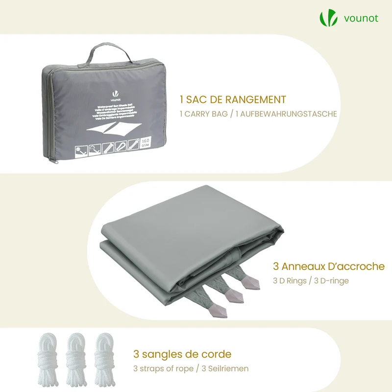 Voile d'ombrage Triangle en Polyester Imperméable avec Kit de Montage 5x5x5m Gris