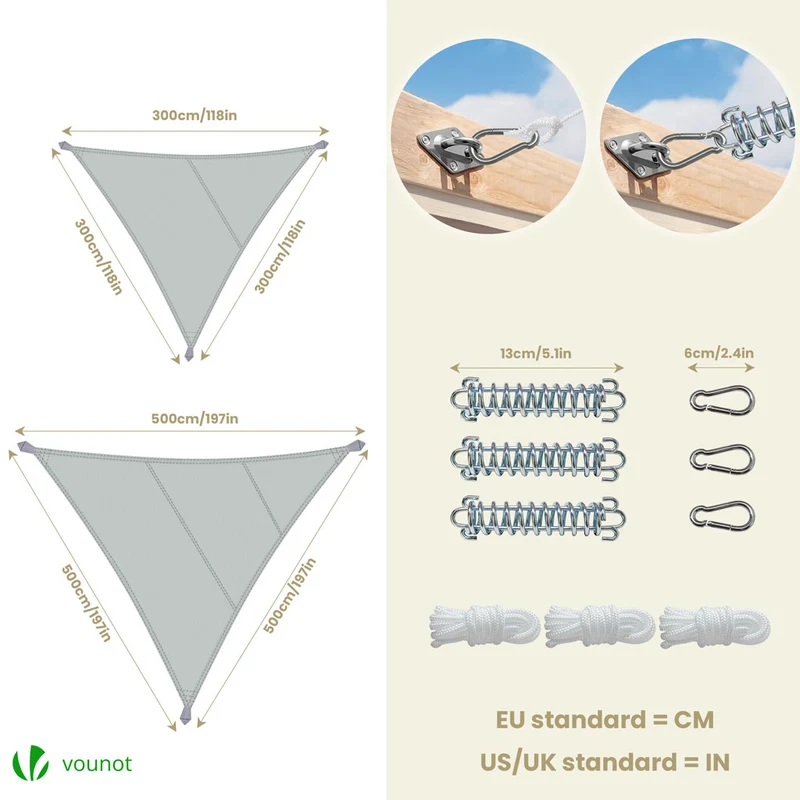 Voile d'ombrage Triangle en Polyester Imperméable avec Kit de Montage 3x3x3m Gris