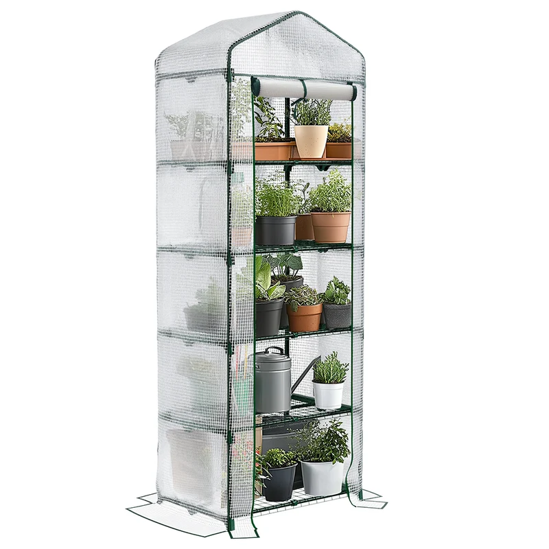 Serre de jardin avec etageres et bache PE renforcee 135gr/m2 69x49x193cm blanc