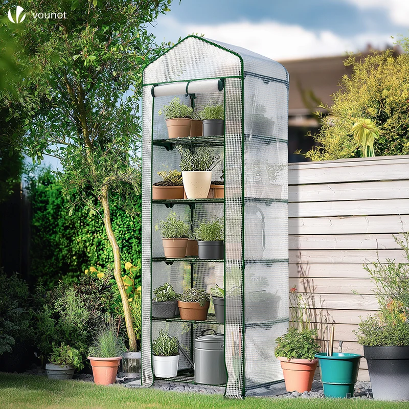 Serre de jardin avec etageres et bache PE renforcee 135gr/m2 69x49x193cm blanc