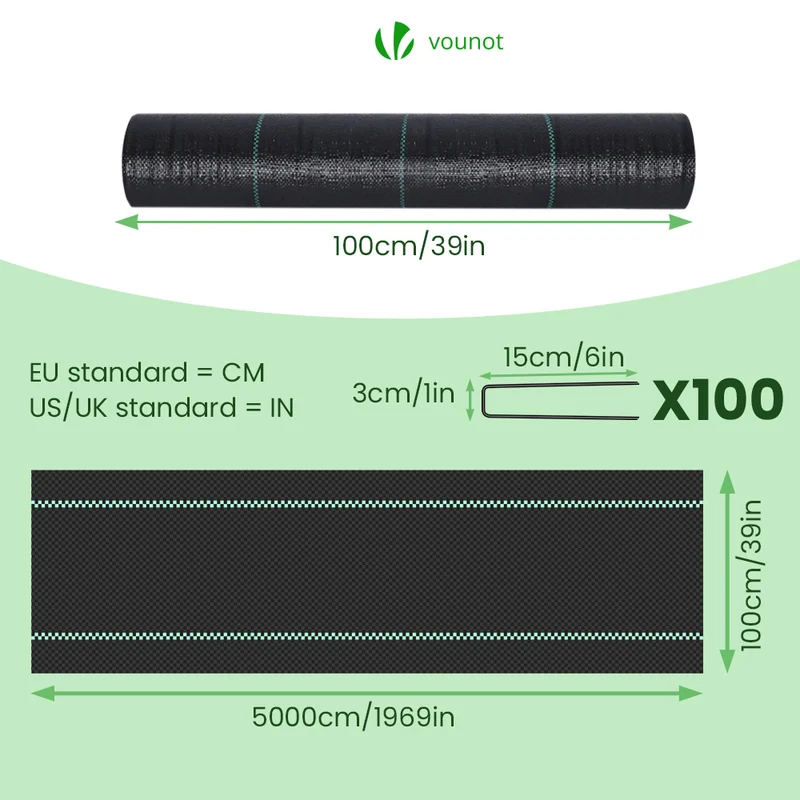 Toile de paillage contre les mauvaises herbes 50Mx1M avec 100 piquets Anti-UV 100g/m2