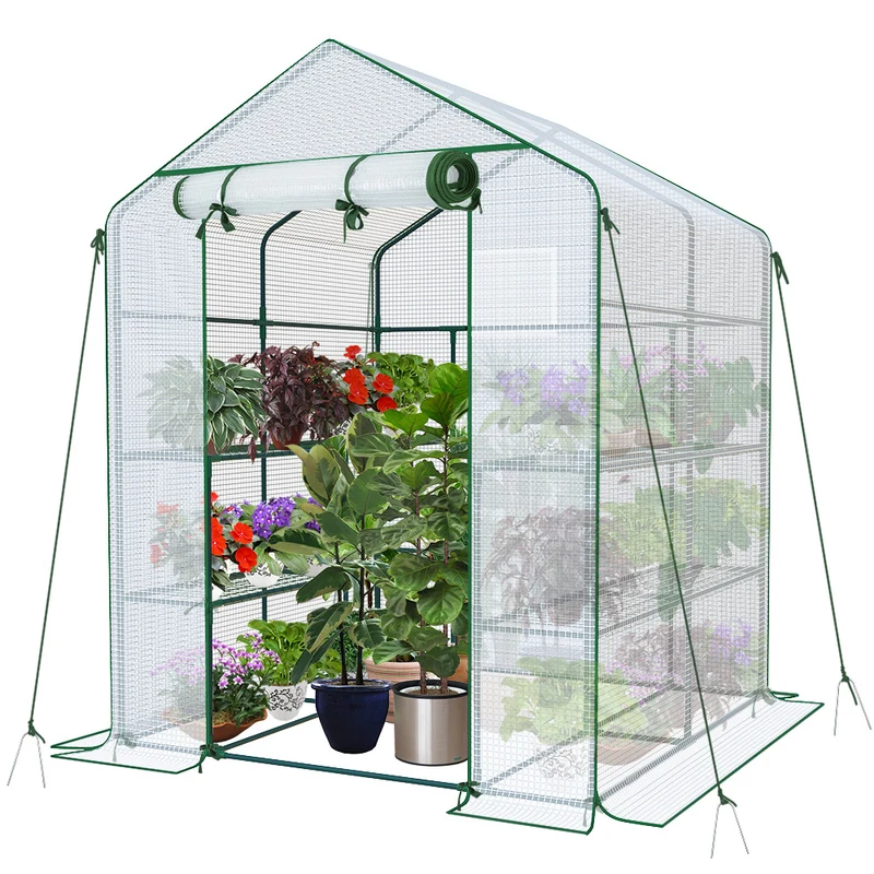 Serre de jardin avec etageres et bache PE renforcee 135g/m2 143x143x195cm