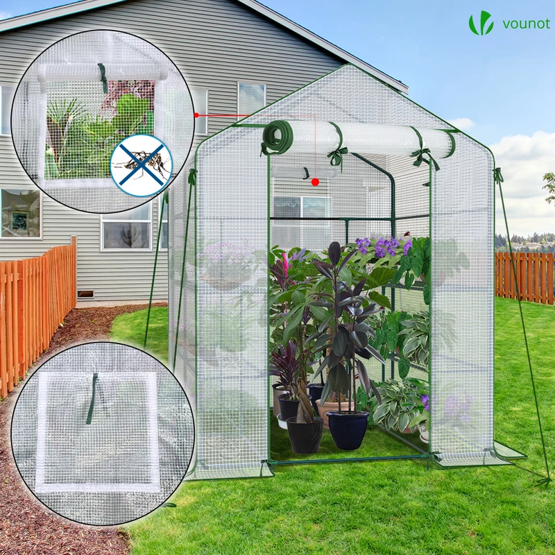 Serre de jardin avec etageres et bache PE renforcee 135g/m2 143x143x195cm
