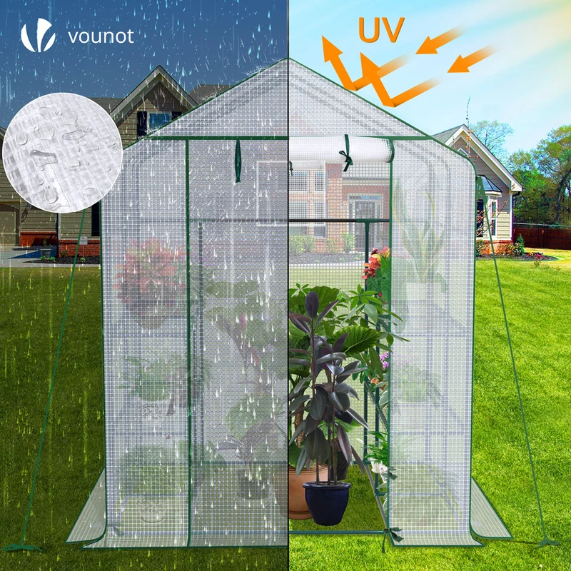 Serre de jardin avec etageres et bache PE renforcee 135g/m2 143x143x195cm