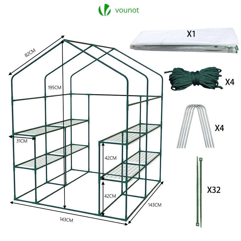Serre de jardin avec etageres et bache PE renforcee 135g/m2 143x143x195cm