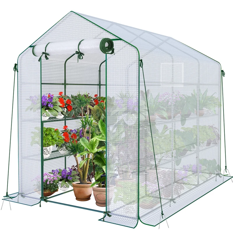 Serre de jardin avec etageres et bache PE renforcee 135g/m2 143x215x195cm