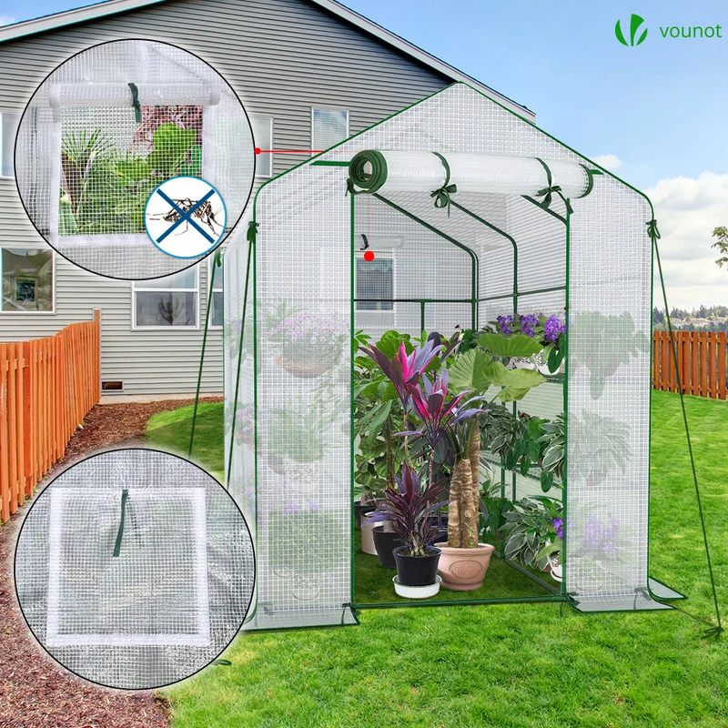 Serre de jardin avec etageres et bache PE renforcee 135g/m2 143x215x195cm