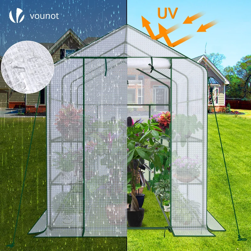 Serre de jardin avec etageres et bache PE renforcee 135g/m2 143x215x195cm