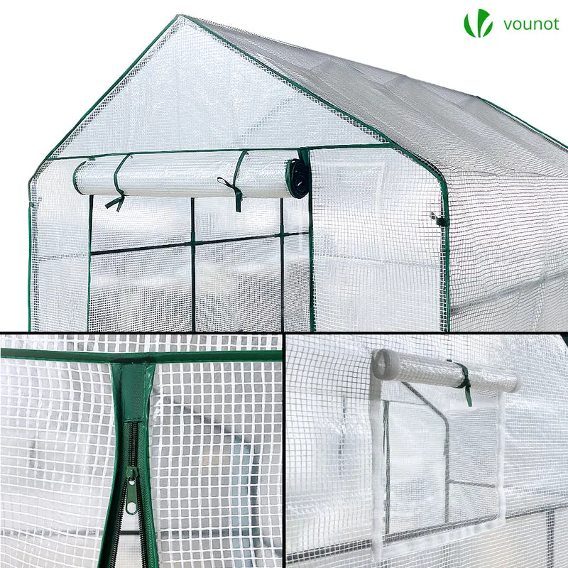 Serre de jardin avec etageres et bache PE renforcee 135g/m2 143x215x195cm