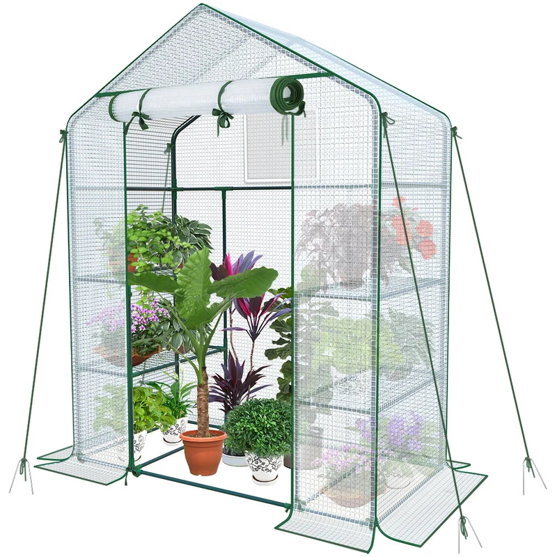 Serre de jardin avec etageres et bache PE renforcee 135g/m2 143x73x195cm