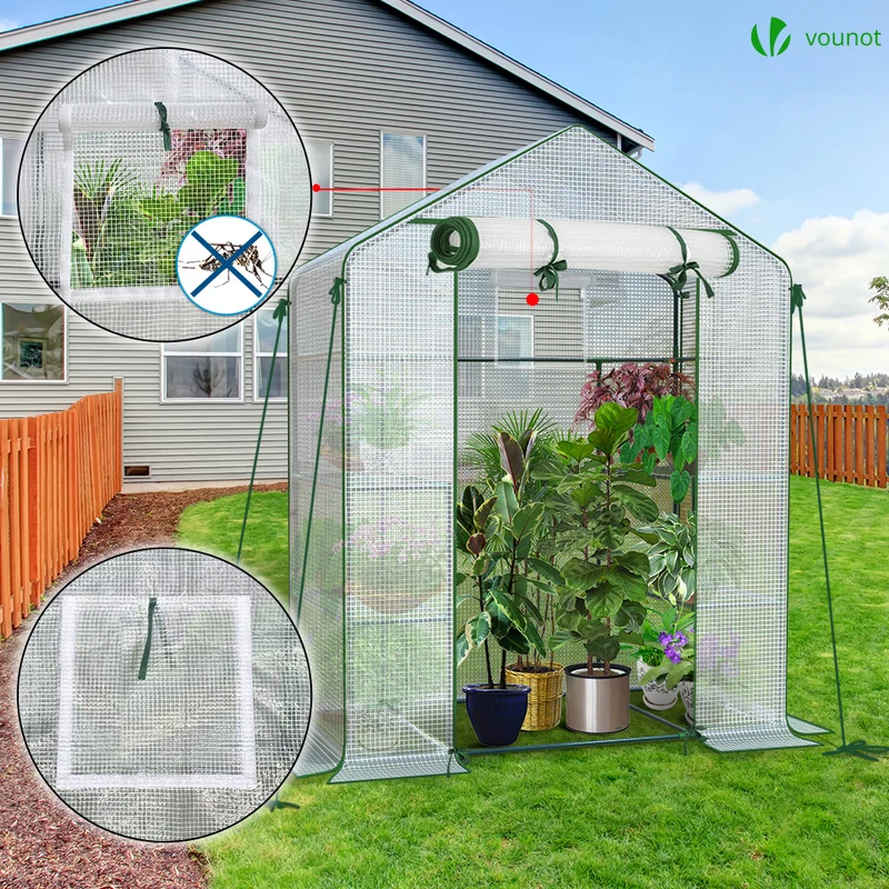 Serre de jardin avec etageres et bache PE renforcee 135g/m2 143x73x195cm