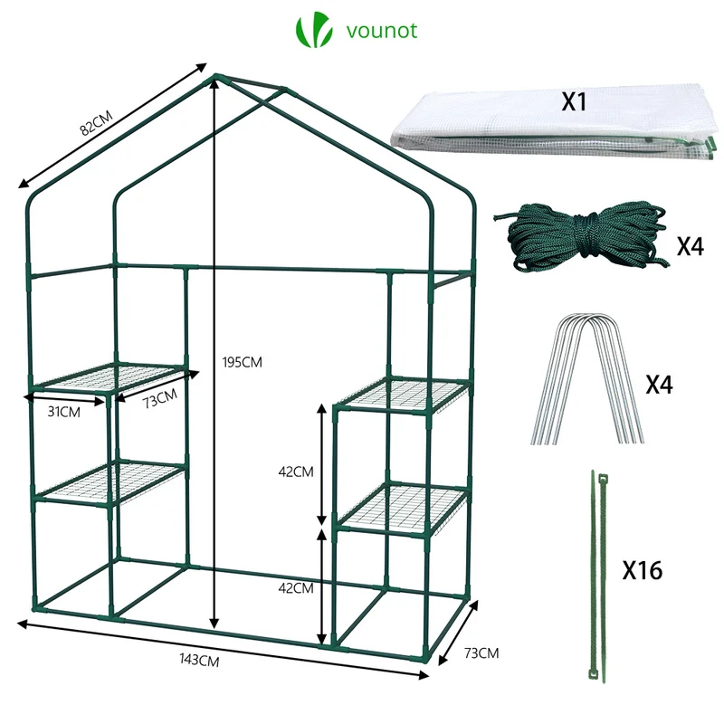 Serre de jardin avec etageres et bache PE renforcee 135g/m2 143x73x195cm