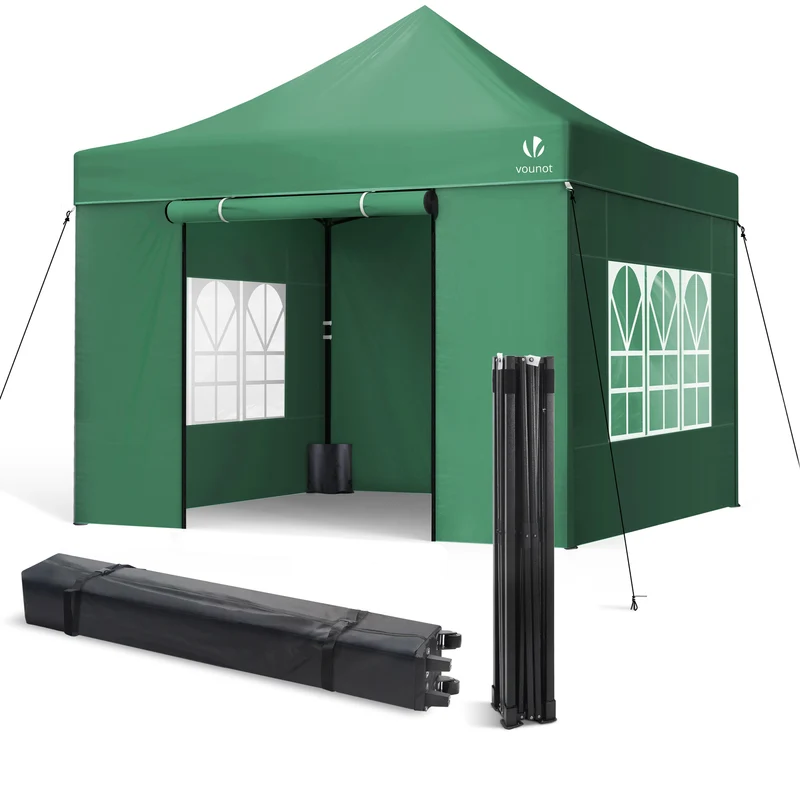 Tonnelle de jardin renforcée 3x3m pliable avec 4 parois et sac de transport a roulette verte