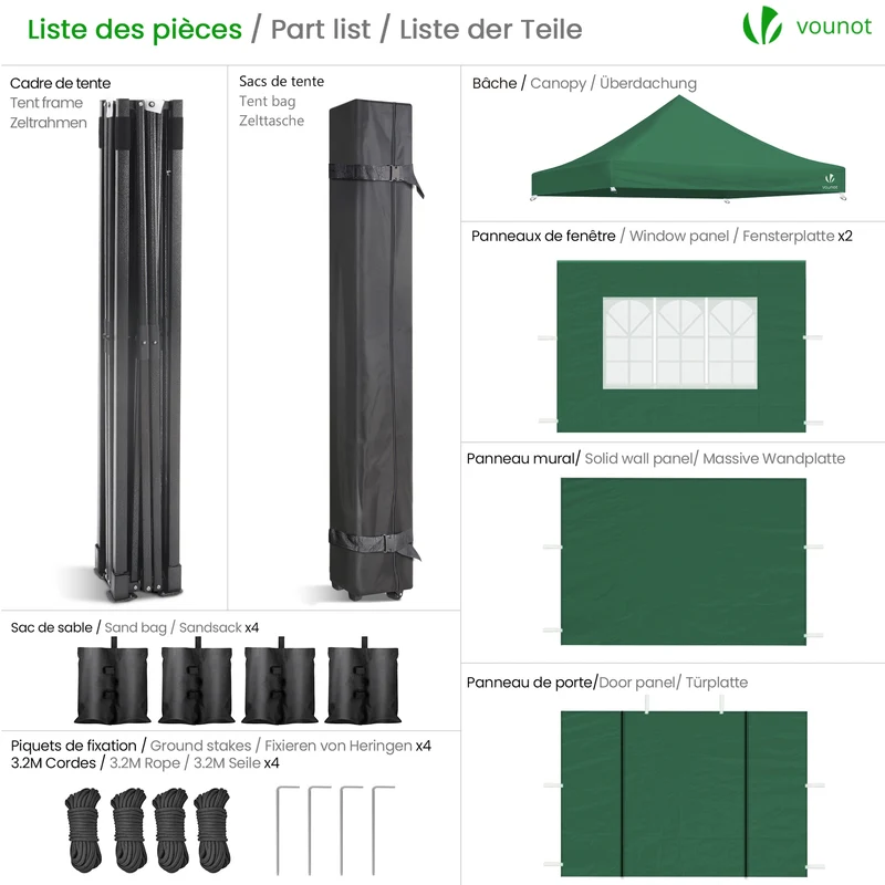 Tonnelle de jardin renforcée 3x3m pliable avec 4 parois et sac de transport a roulette verte