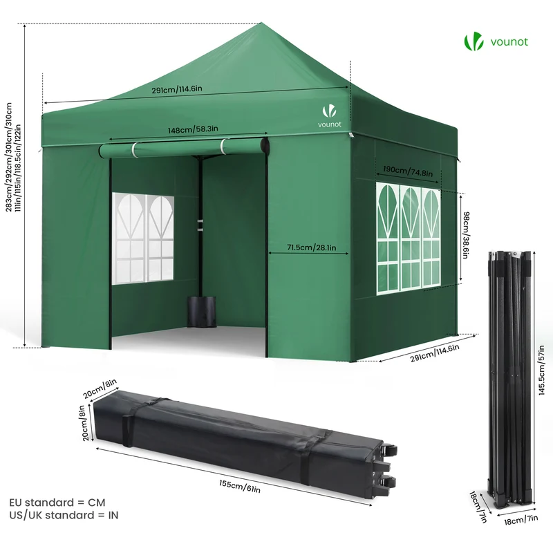 Tonnelle de jardin renforcée 3x3m pliable avec 4 parois et sac de transport a roulette verte