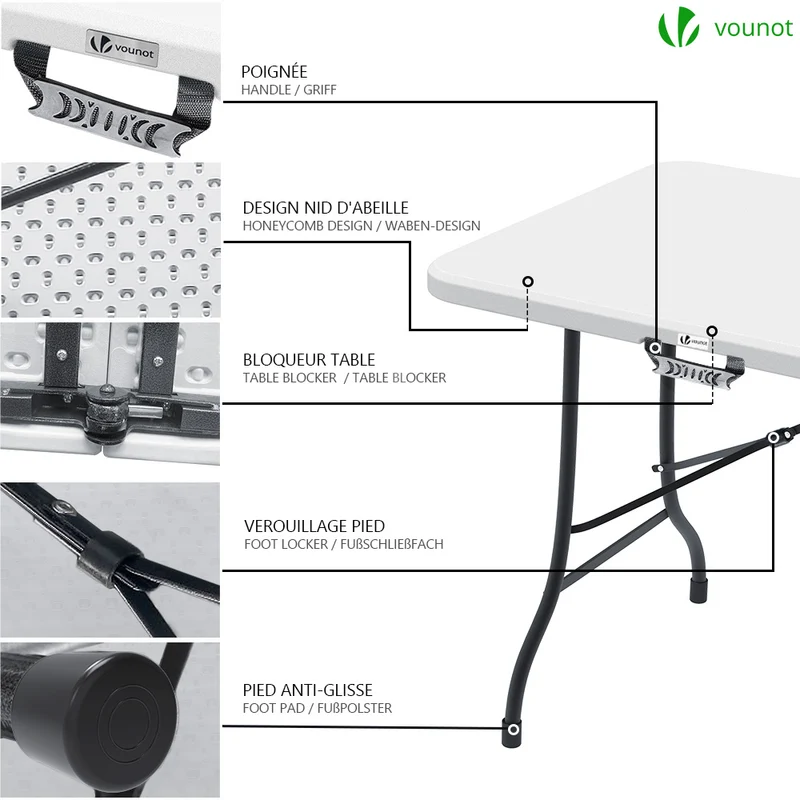 Table de camping pique nique pliable 180cm HDPE blanc