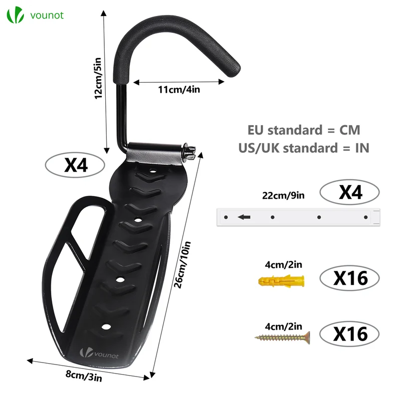 Lot de 4 supports de velo mural rangement suspendu noir