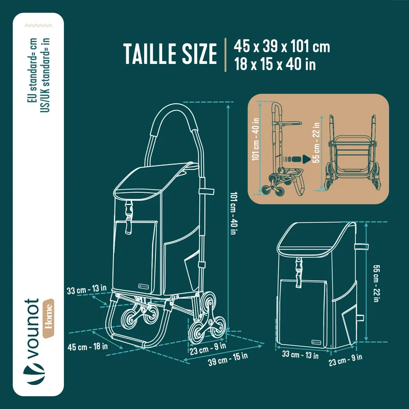 Chariot de course pliable monte escalier aluminium avec crochets gris