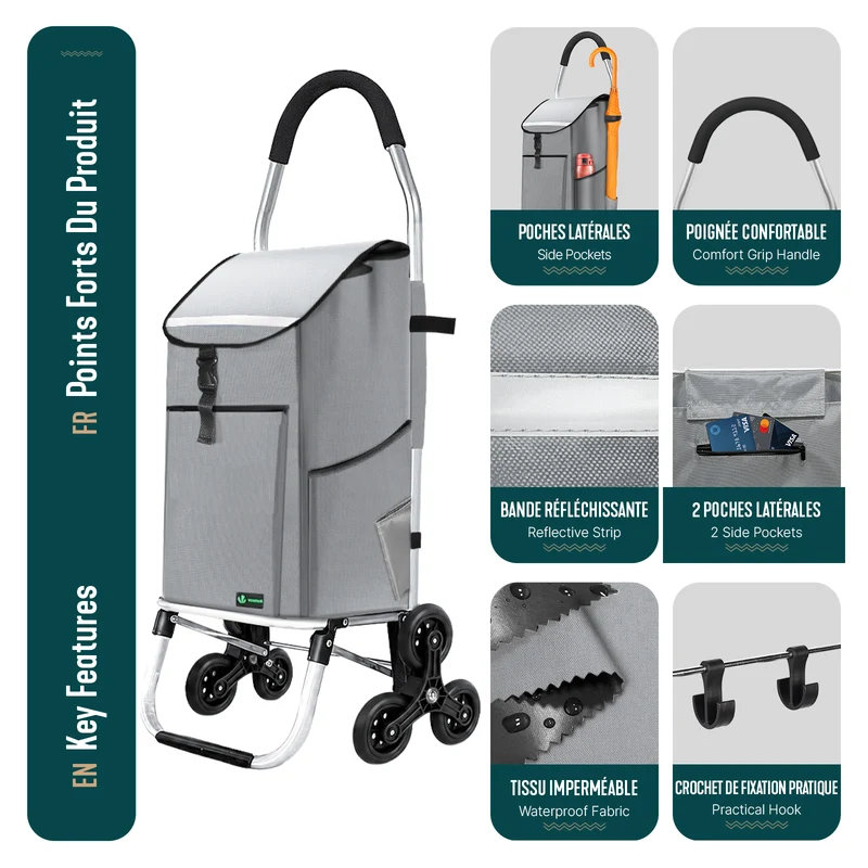 Chariot de course pliable monte escalier aluminium avec crochets gris