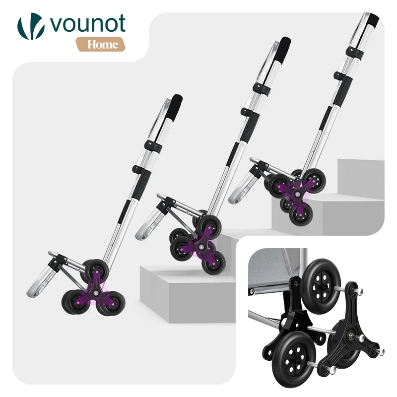 Chariot de course pliable monte escalier aluminium avec crochets gris