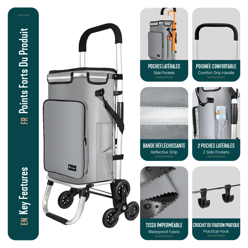 Chariot de course pliable monte escalier aluminium avec crochets gris
