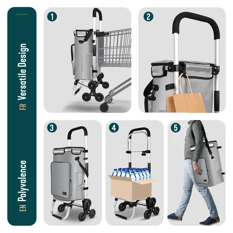 Chariot de course pliable monte escalier aluminium avec crochets gris