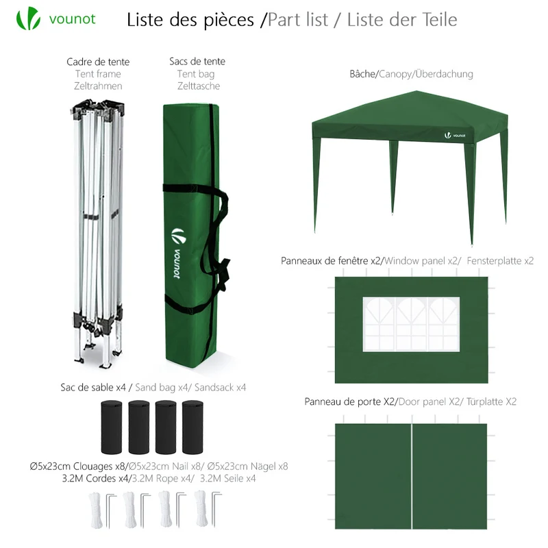 Tonnelle de Jardin 3x3m Pliable avec portes et fenêtres Vert