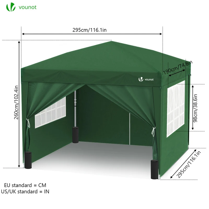 Tonnelle de Jardin 3x3m Pliable avec portes et fenêtres Vert
