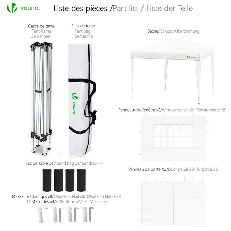 Tonnelle de Jardin 3x3m Pliable avec portes et fenêtres Blanc